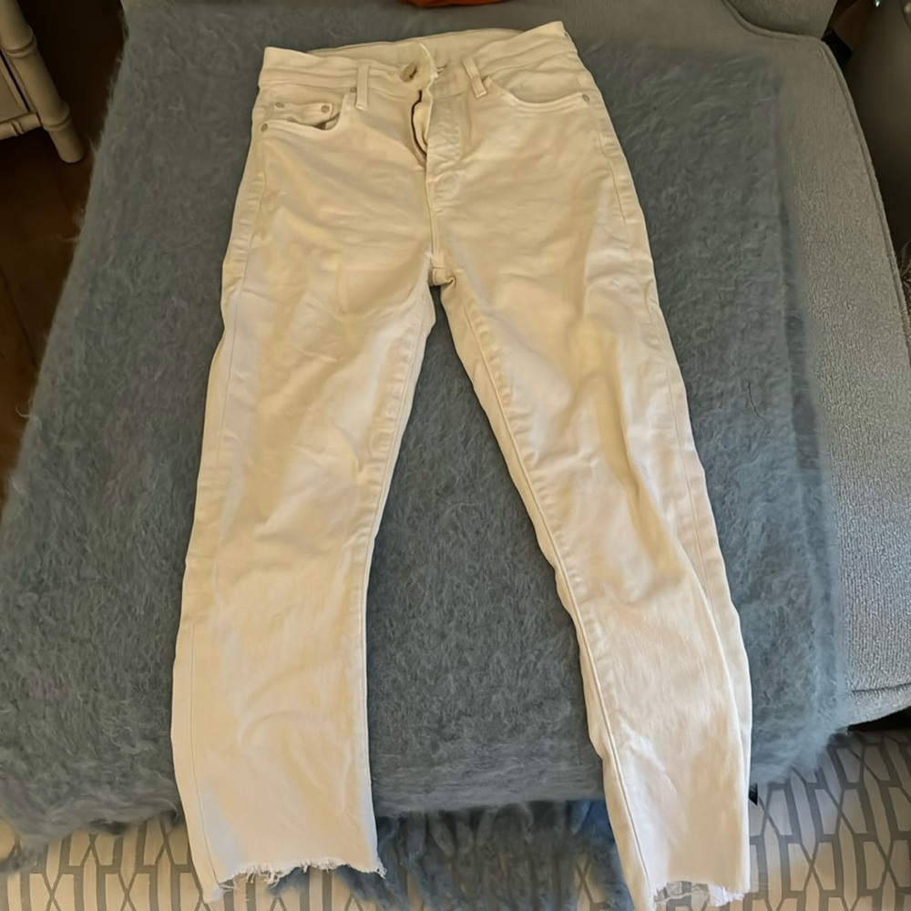 Mother raw hem white ankle jeans